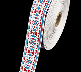 Лента жаккардовая 32мм белый/голубой/красный (25м) 8977 цв.1